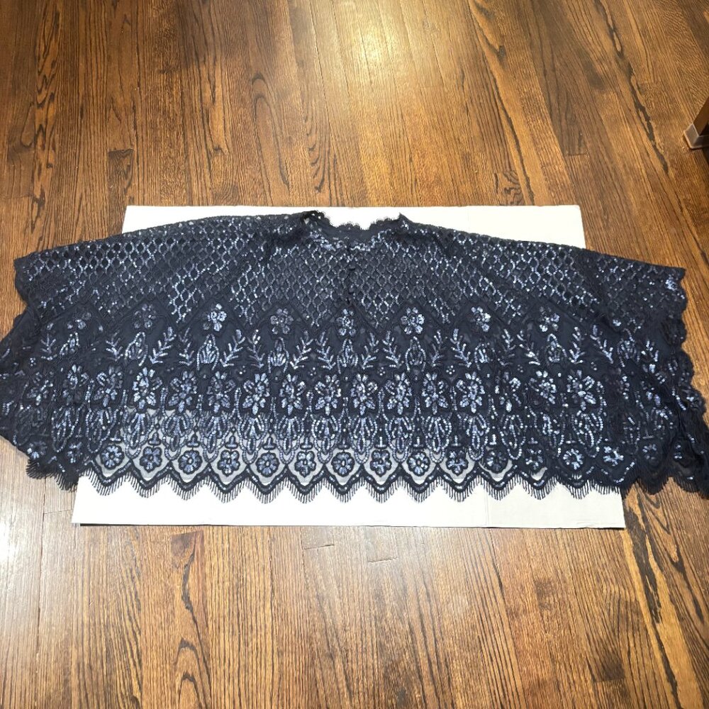 Tadashi Shoji Navy blue floral lace shimmering sequin Formal cover up/poncho - Picture 5 of 15